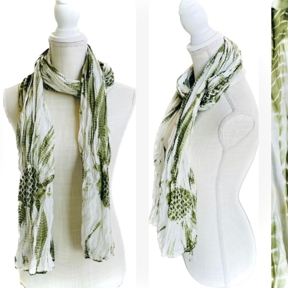 SOLD✨EILEEN FISHER | OS | 72” Silk Cotton Olive Shibori Tie Dye Rare Scarf